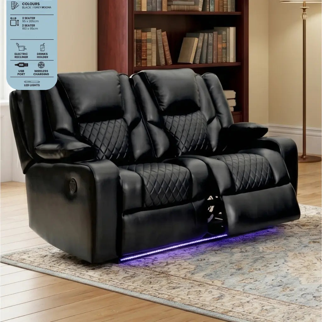 Orlando black leather 2 seater electric recliner sofa