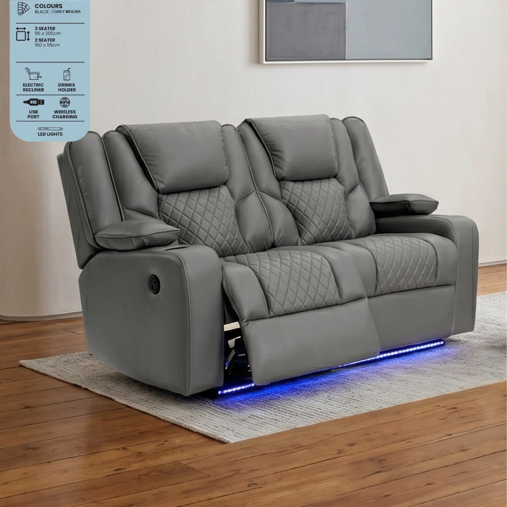 Orlando grey mocha leather 2 seater electric recliner sofa