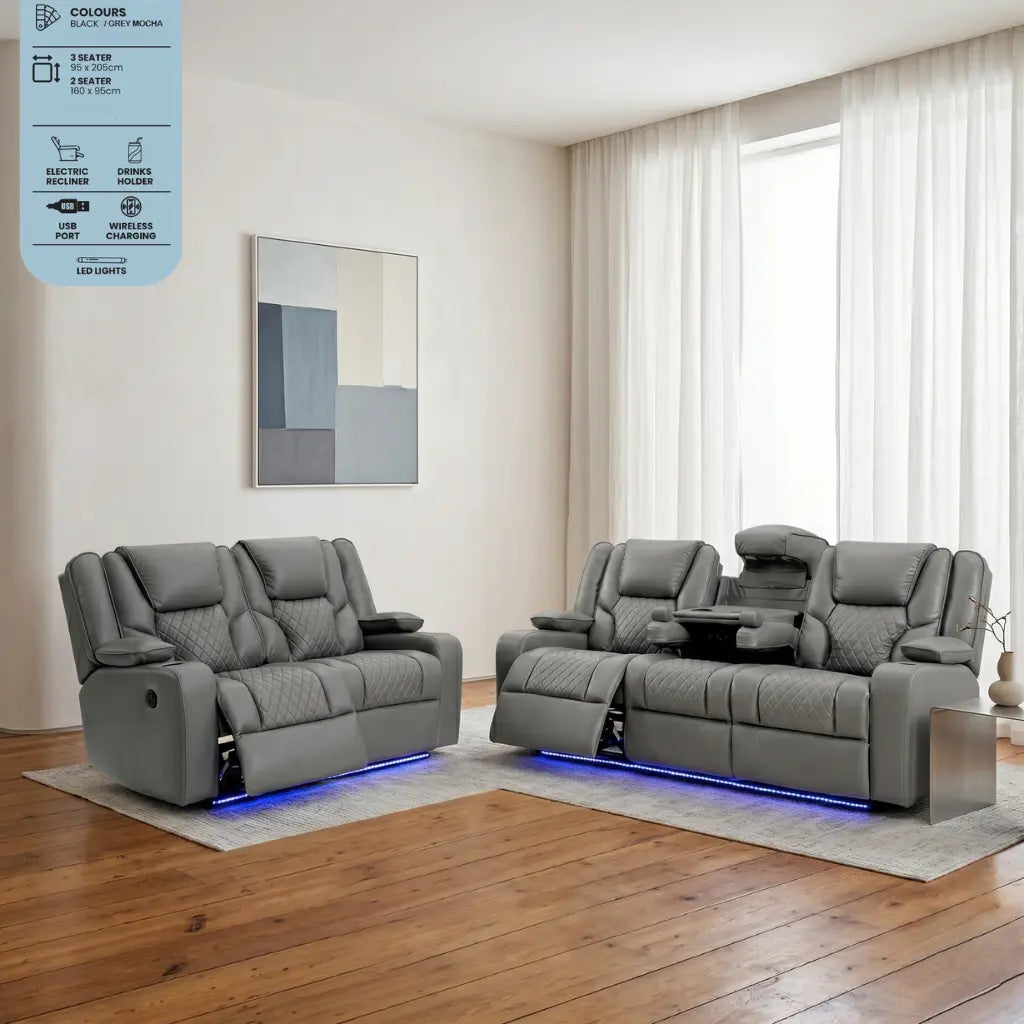Orlando electric recliner leather sofa 3 and 2 seater set in grey mocha