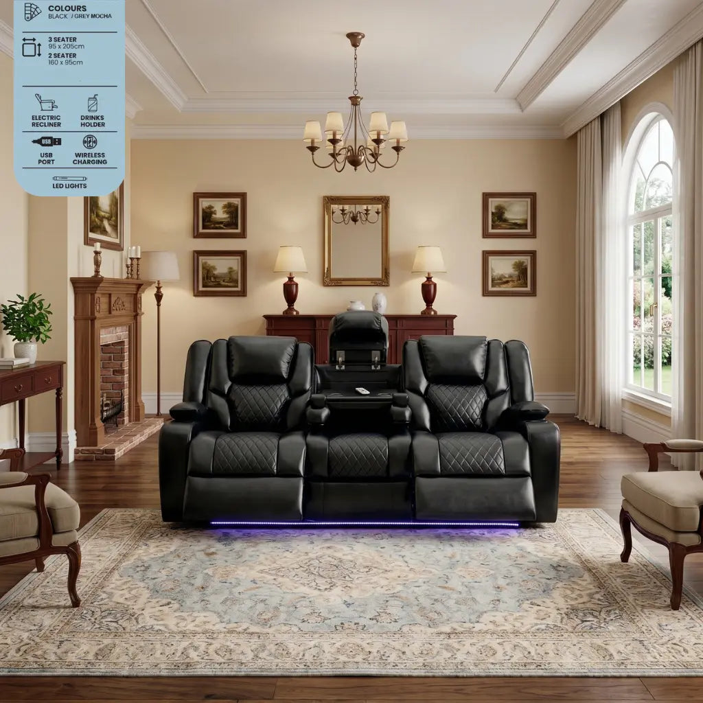 Orlando black leather 3 seater electric recliner sofa