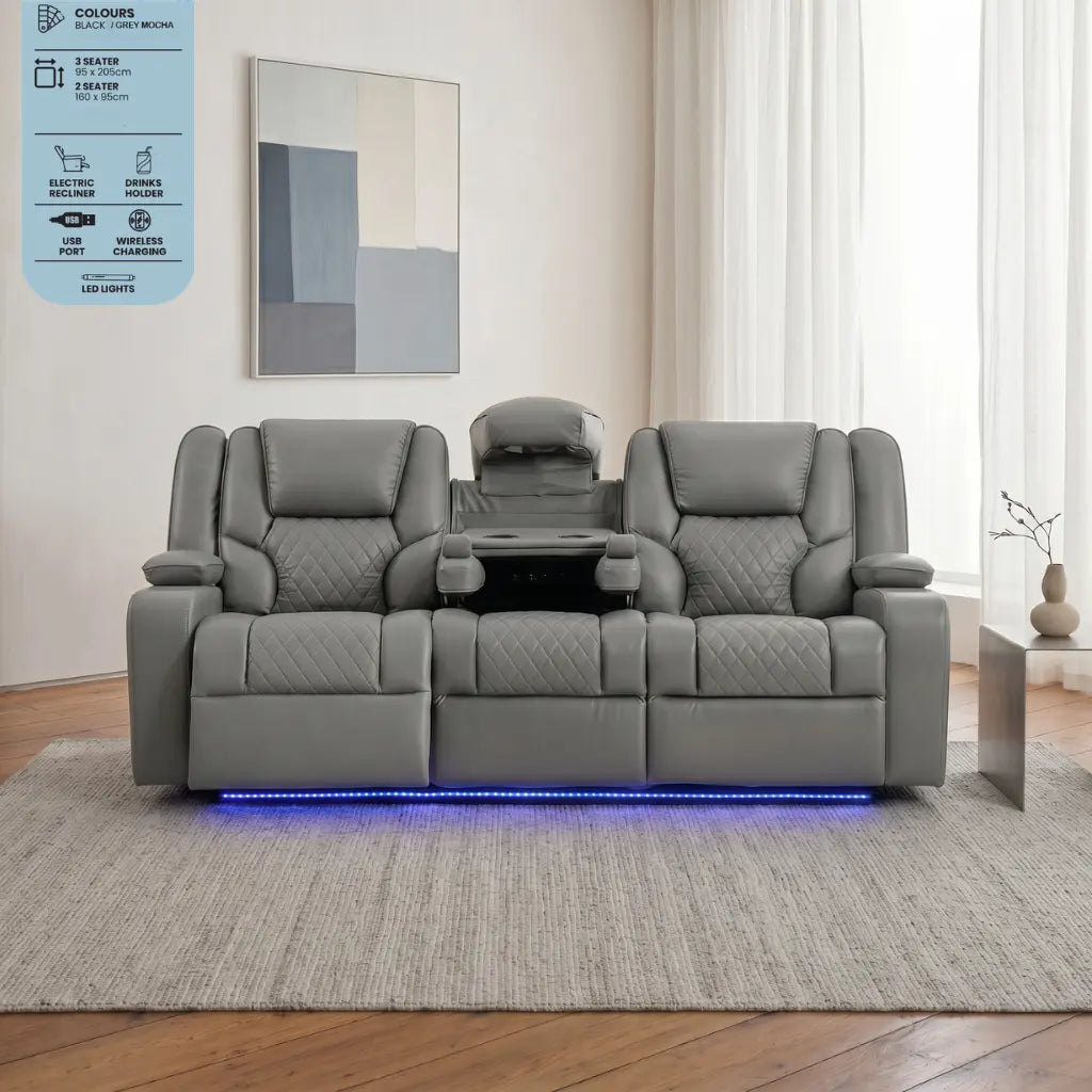 Orlando grey mocha leather 3 seater electric recliner sofa