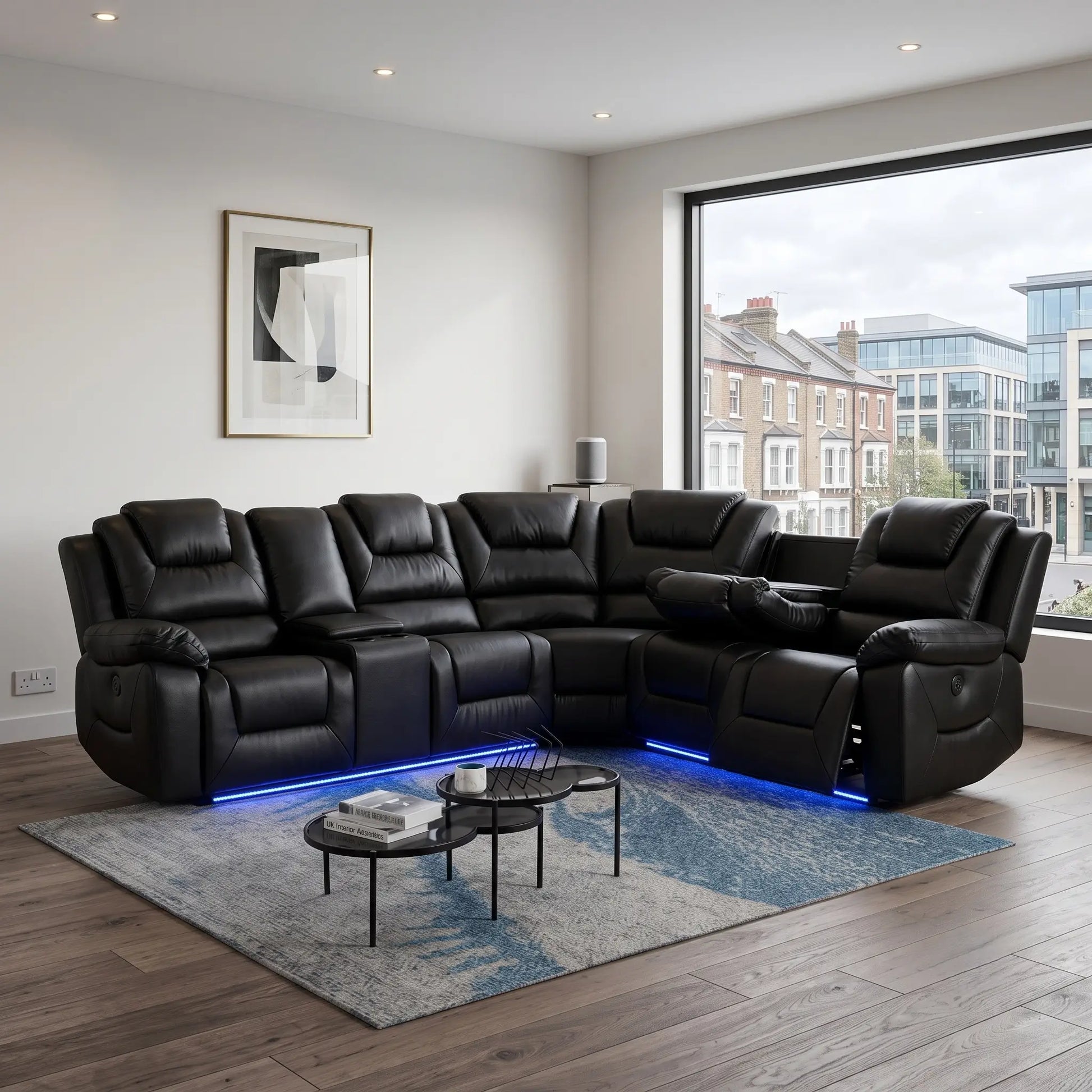 Oxford black tech leather electric recliner corner sofa