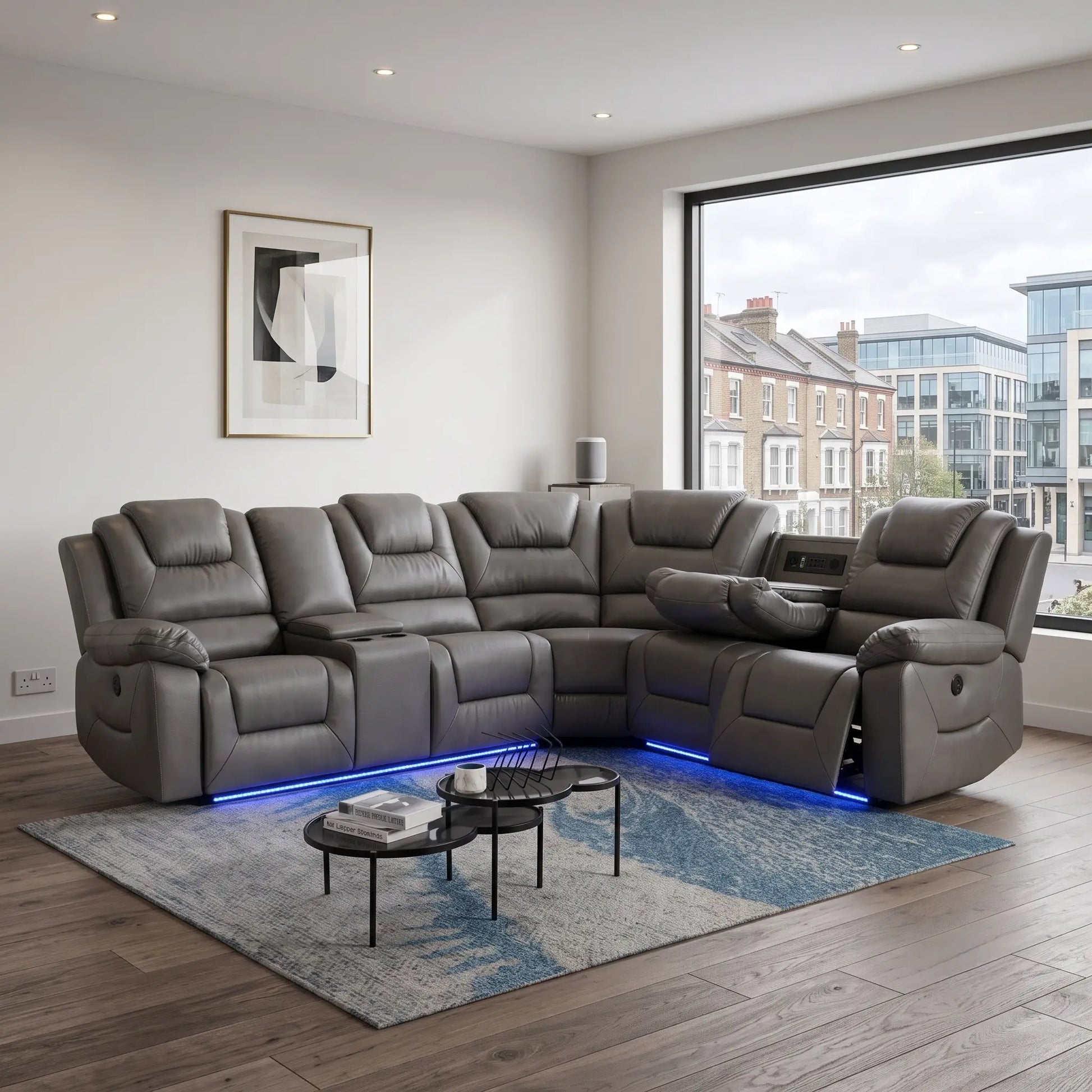 Oxford grey tech leather electric recliner corner sofa