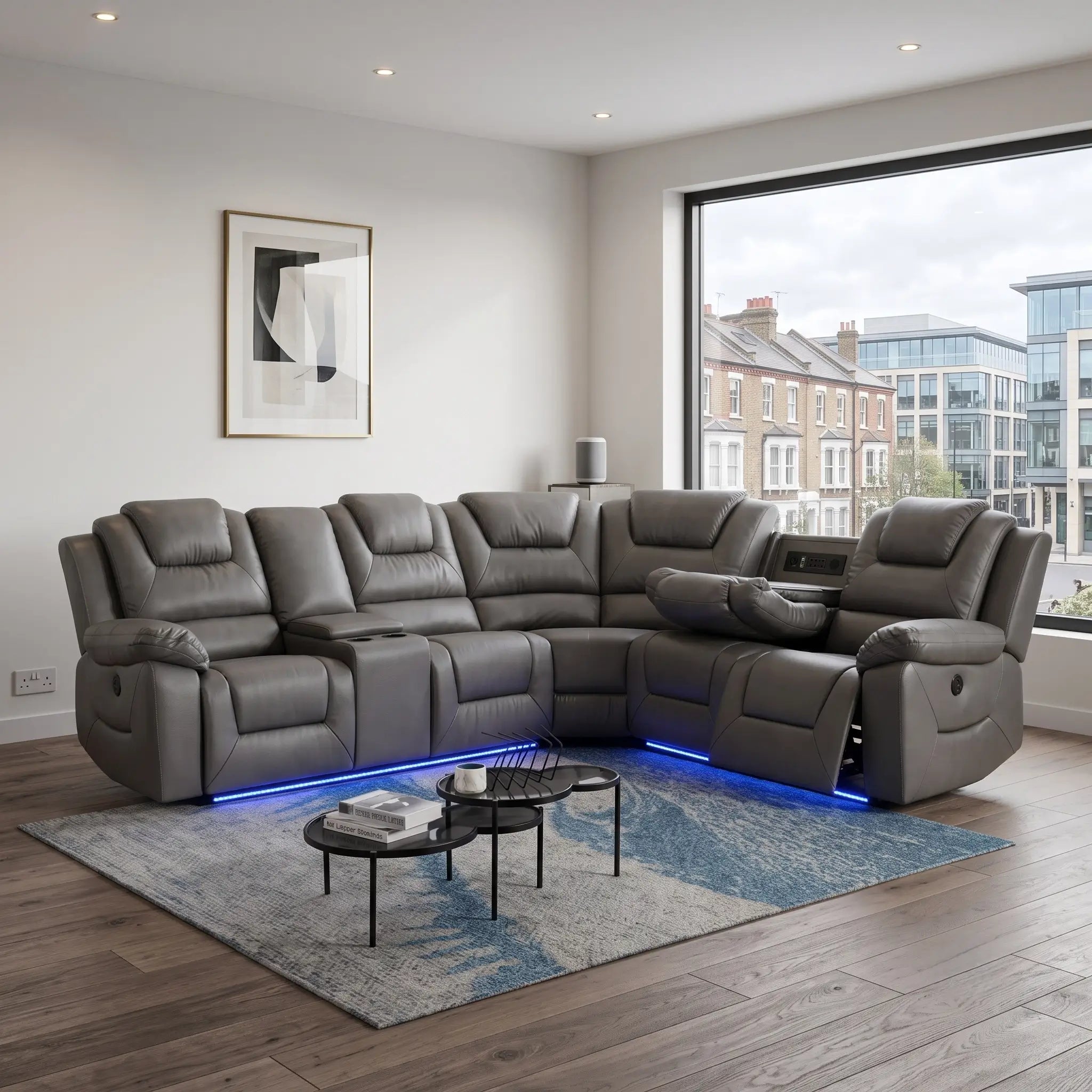Oxford grey tech leather electric recliner corner sofa