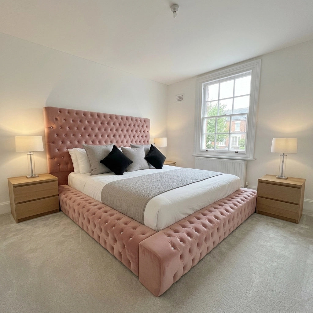 Pink Ambassador full Chesterfield bed frame with tall headboard