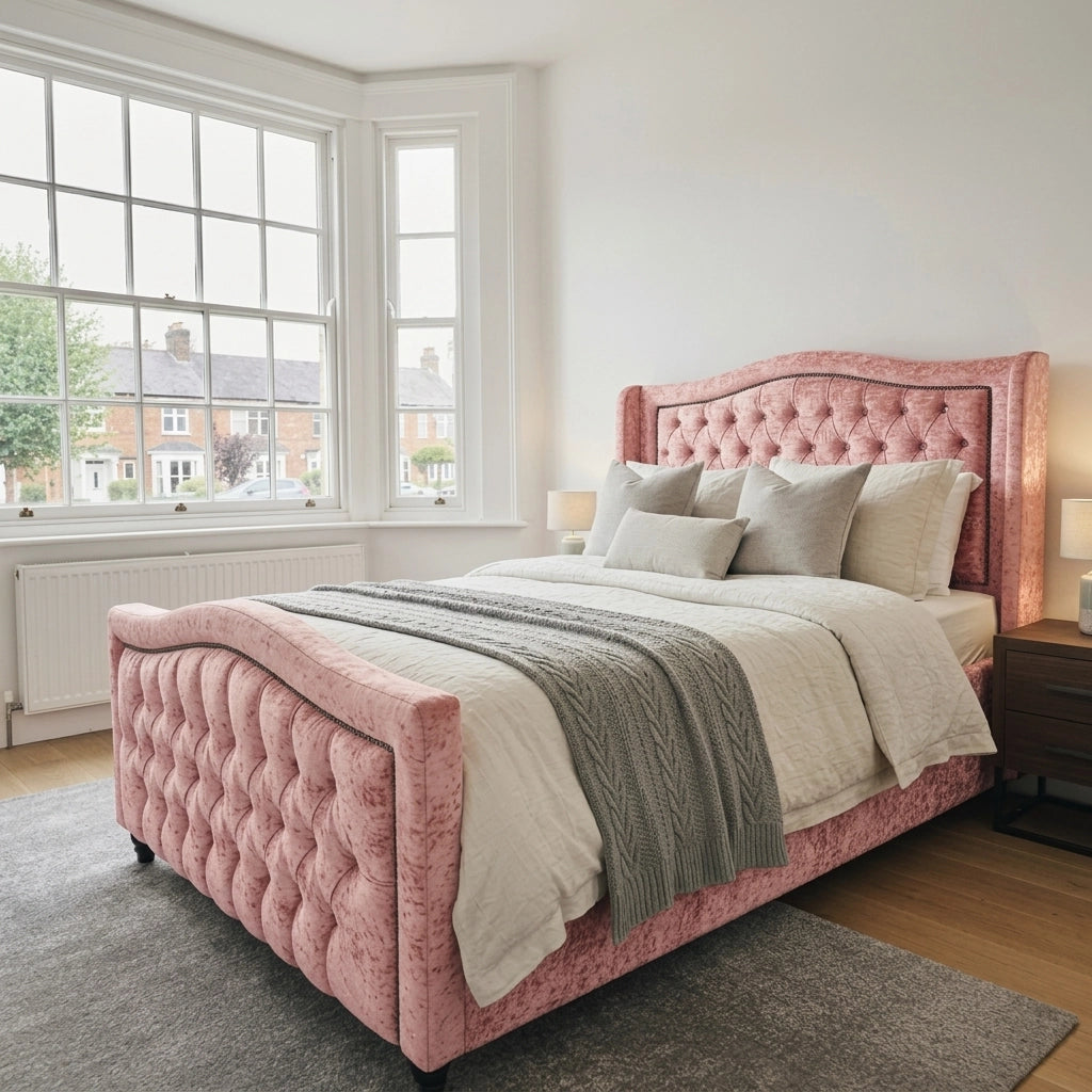 Pink crushed velvet bed frame