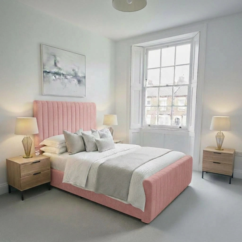 Pink extra padding bed frame with Roslin mattress and matching footboard