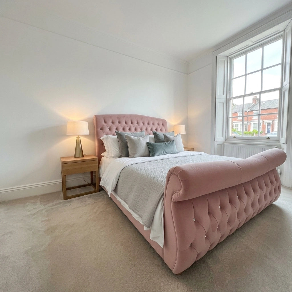 Pink plush velvet sleigh bed frame with curved headboard and footboard
