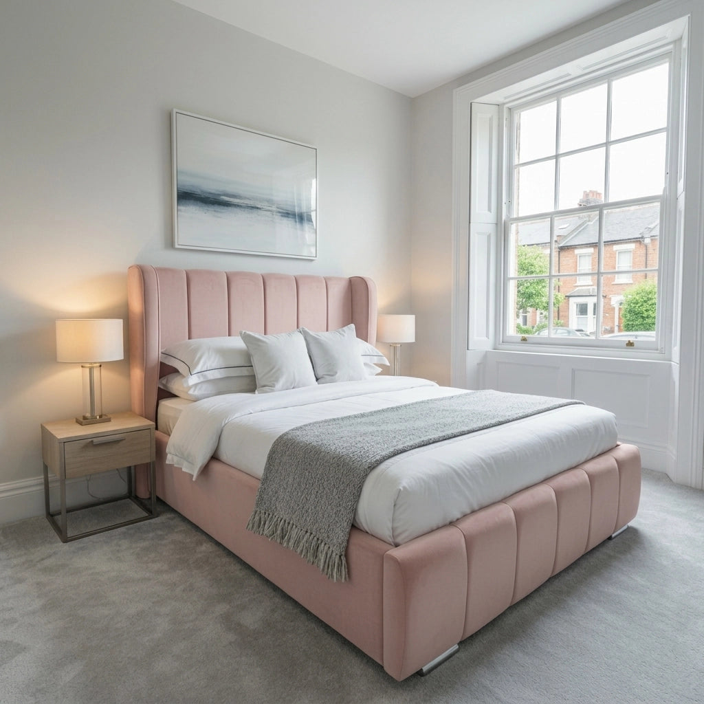 Pink Valencia bed frame with thick wing line headboard