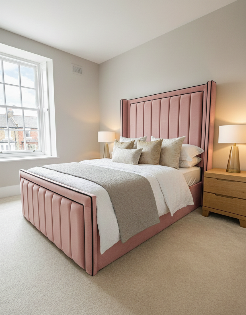 Luxury Bed Plush Fabric Divan Ottoman - 70" thick wing iris princess piping with headboard and footboard