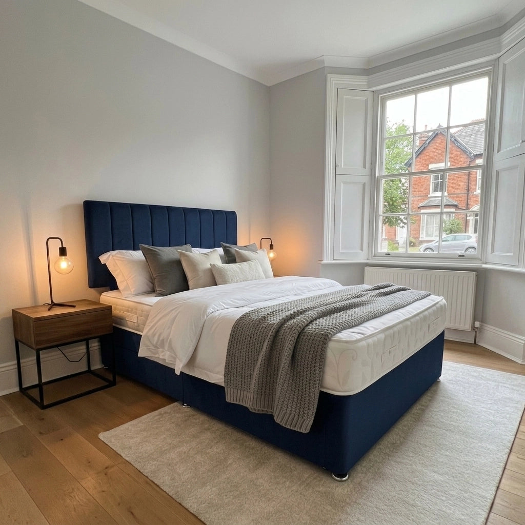 Plush divan bed with headboard in Plush Blue
