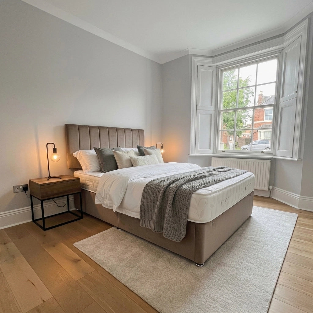 Plush divan bed with storage in Plush Mink
