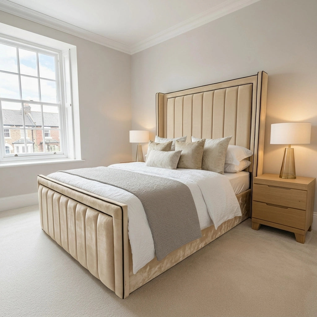 Plush divan ottoman bed with headboard and footboard in cream