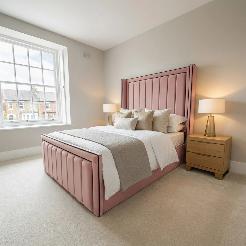 Plush divan ottoman bed with headboard and footboard in pink