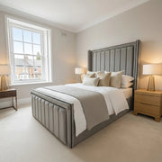 Plush divan ottoman bed with headboard and footboard in steel grey