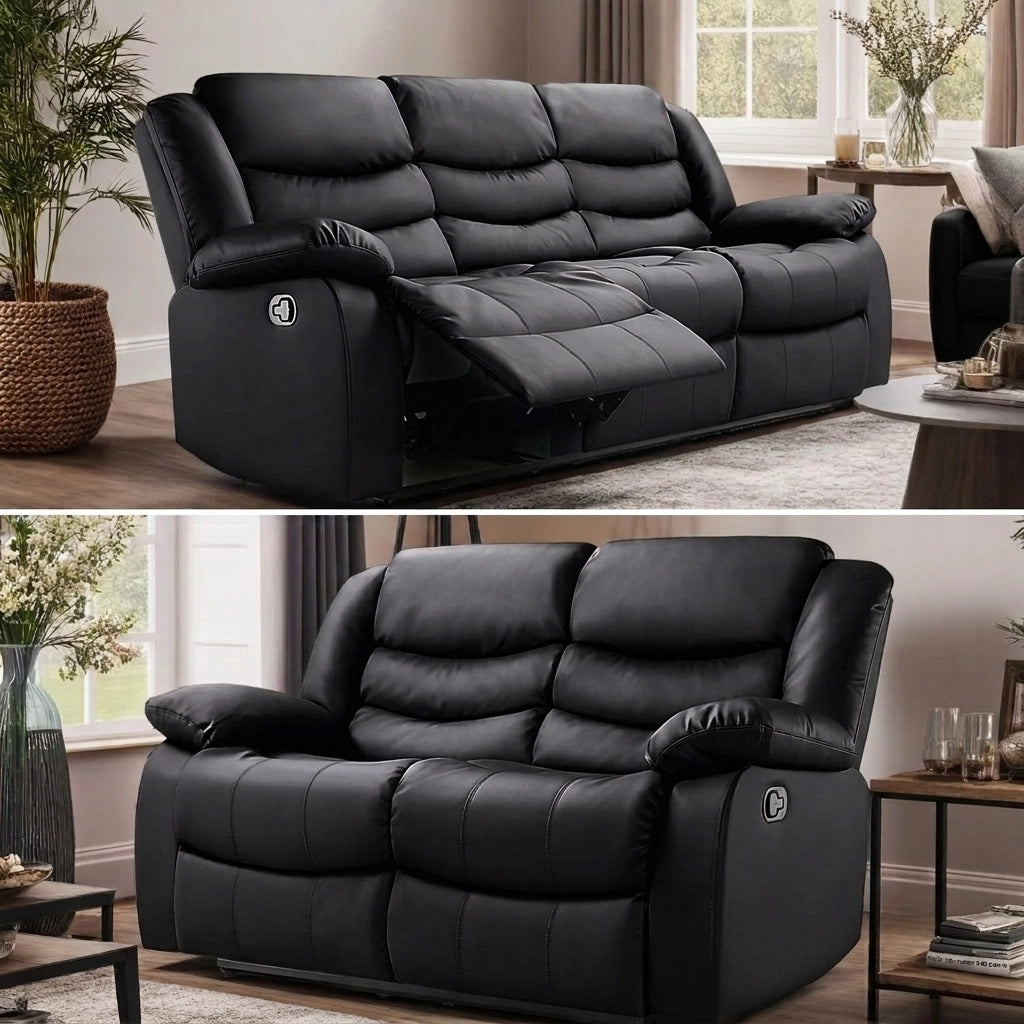Roma black leather 3 and 2 manual recliner sofa set