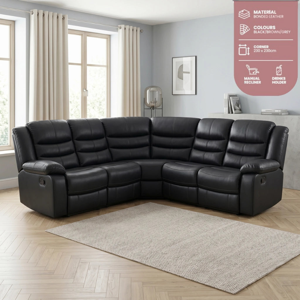 Roma black bonded leather corner sofa with drinks holder