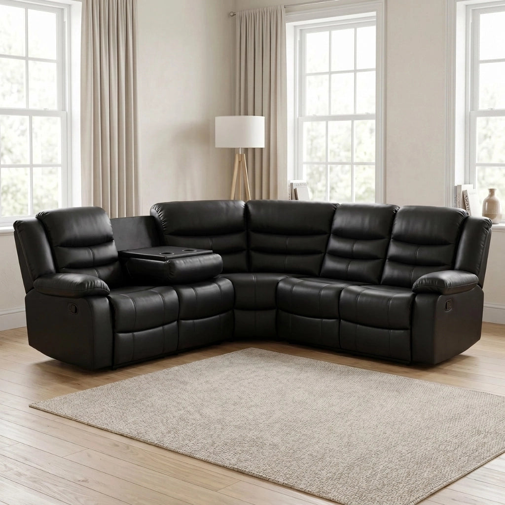 Roma black bonded leather corner sofa with drinks holder