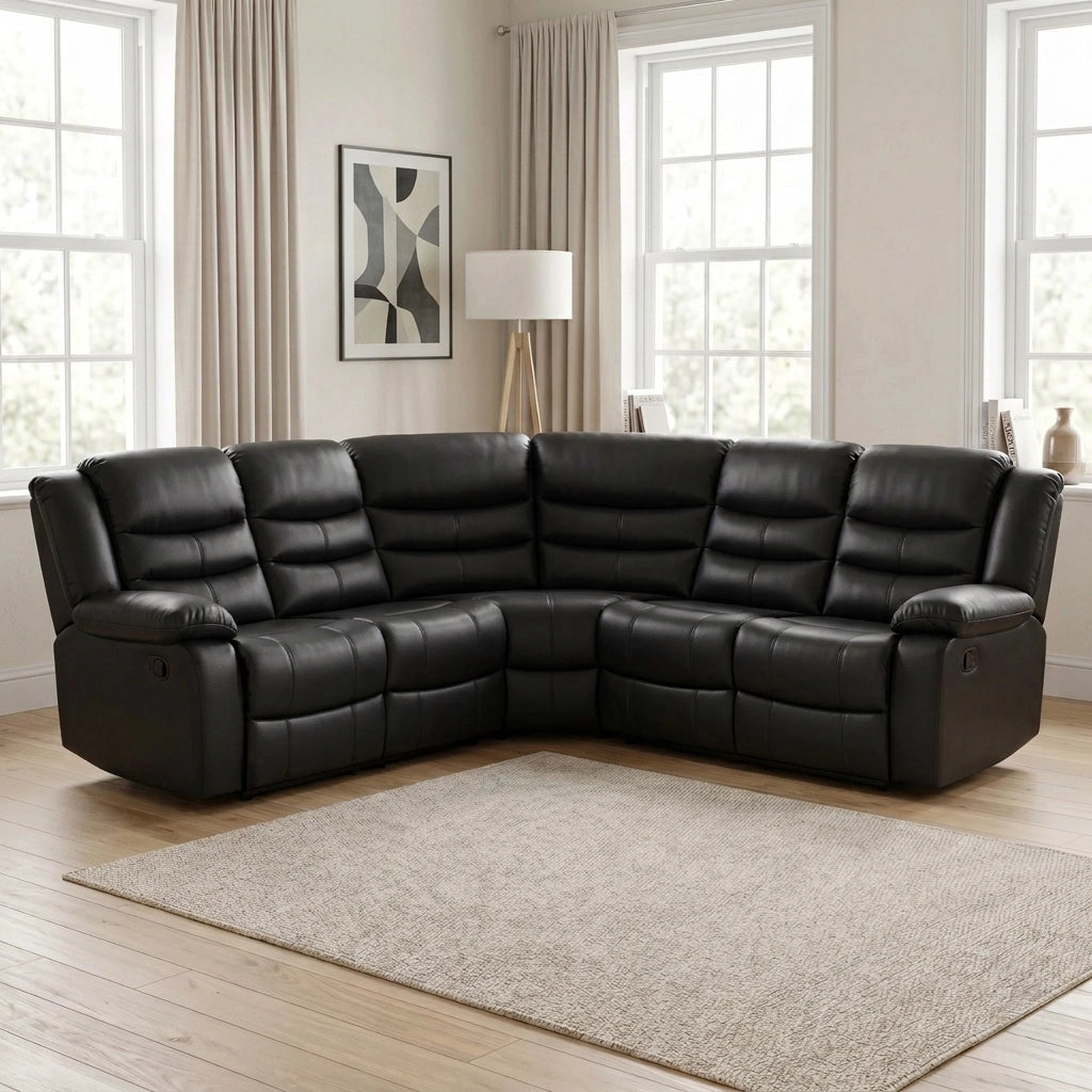 Roma black bonded leather corner recliner sofa