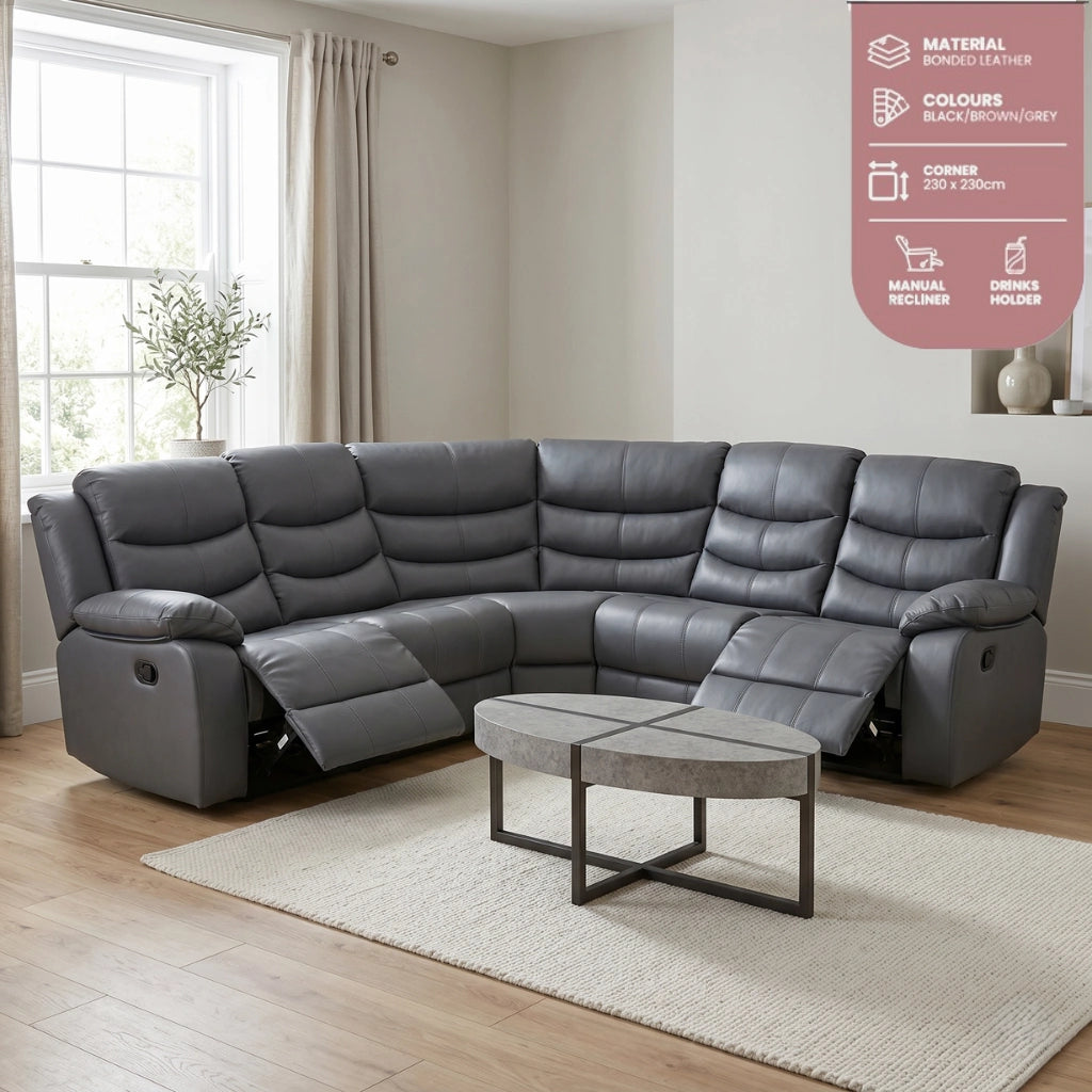 Roma grey bonded leather corner recliner sofa with manual recliners