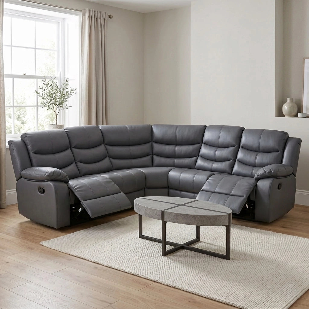 Roma grey bonded leather corner recliner sofa with manual recliners