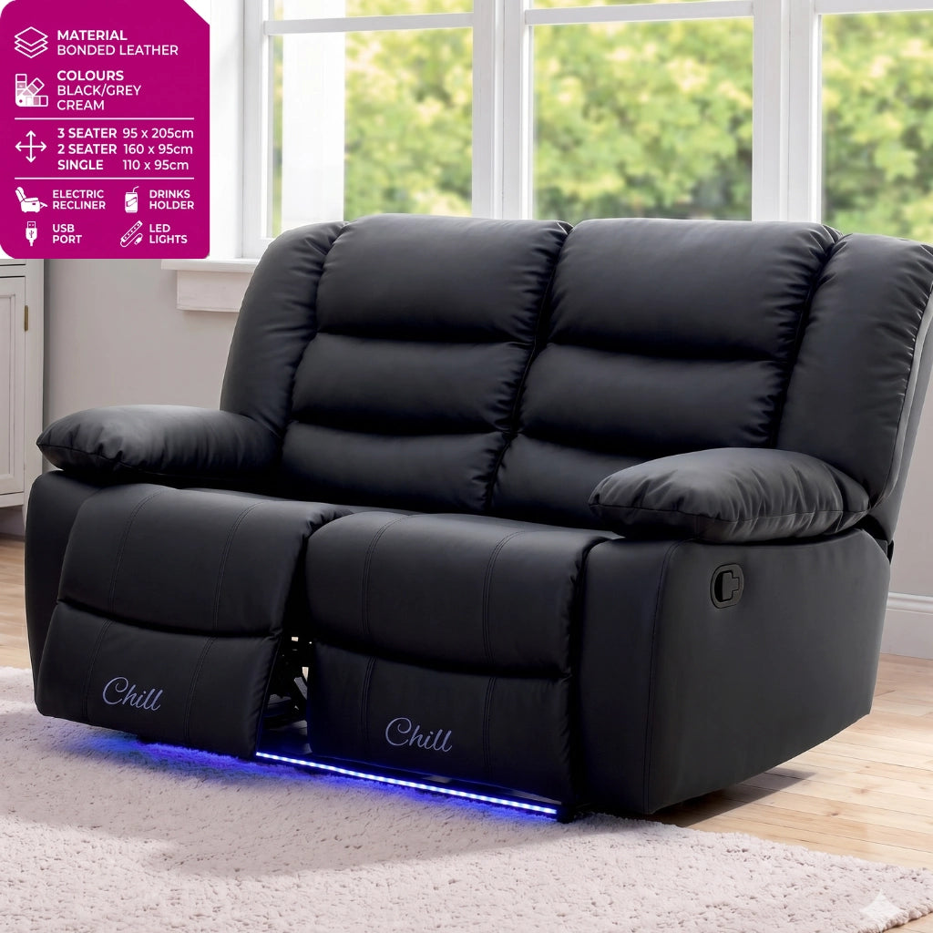 Roma black 2 seater electric recliner sofa with LED lights