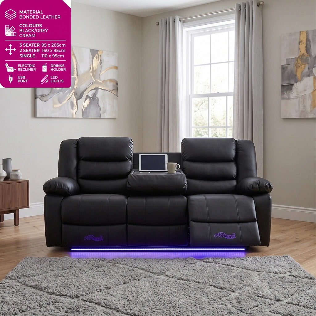 Roma black 3 seater electric recliner sofa with LED lights