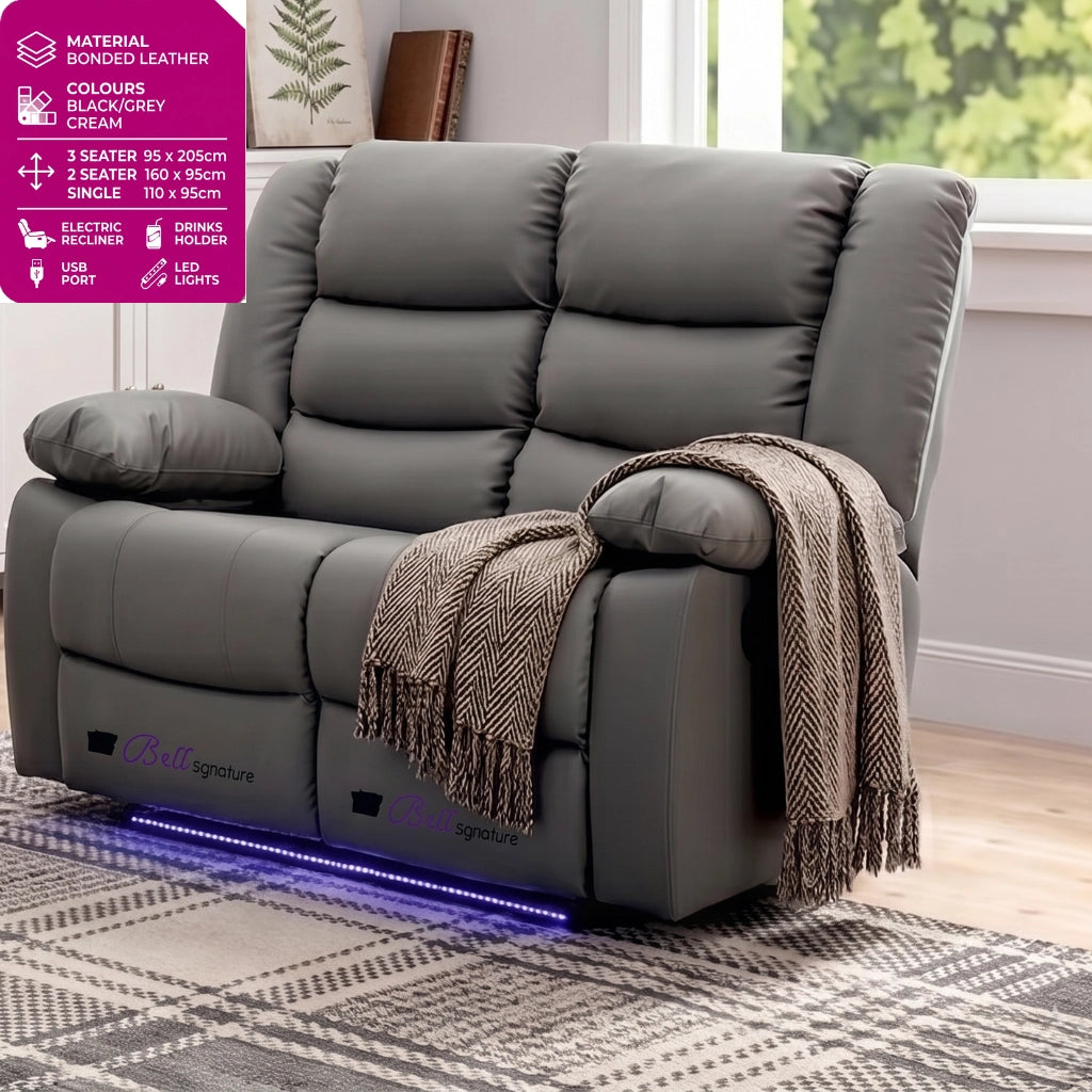 Roma grey 2 seater electric recliner sofa with padded arms