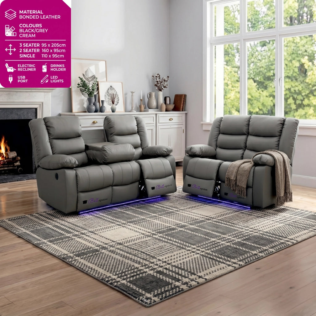 Roma grey bonded leather electric recliner 3 and 2 sofa set