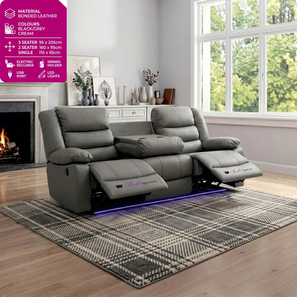Roma grey 3 seater electric recliner sofa with drinks holders