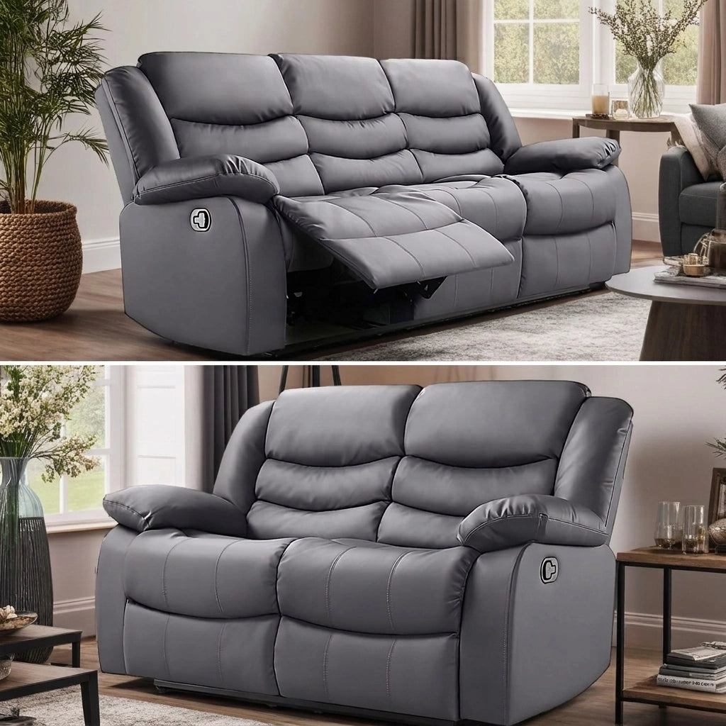Roma grey leather 3 and 2 manual recliner sofa set
