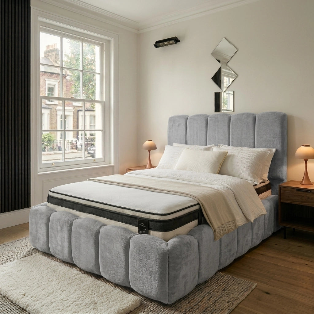 Silver bubble bed frame with padded headboard and footboard