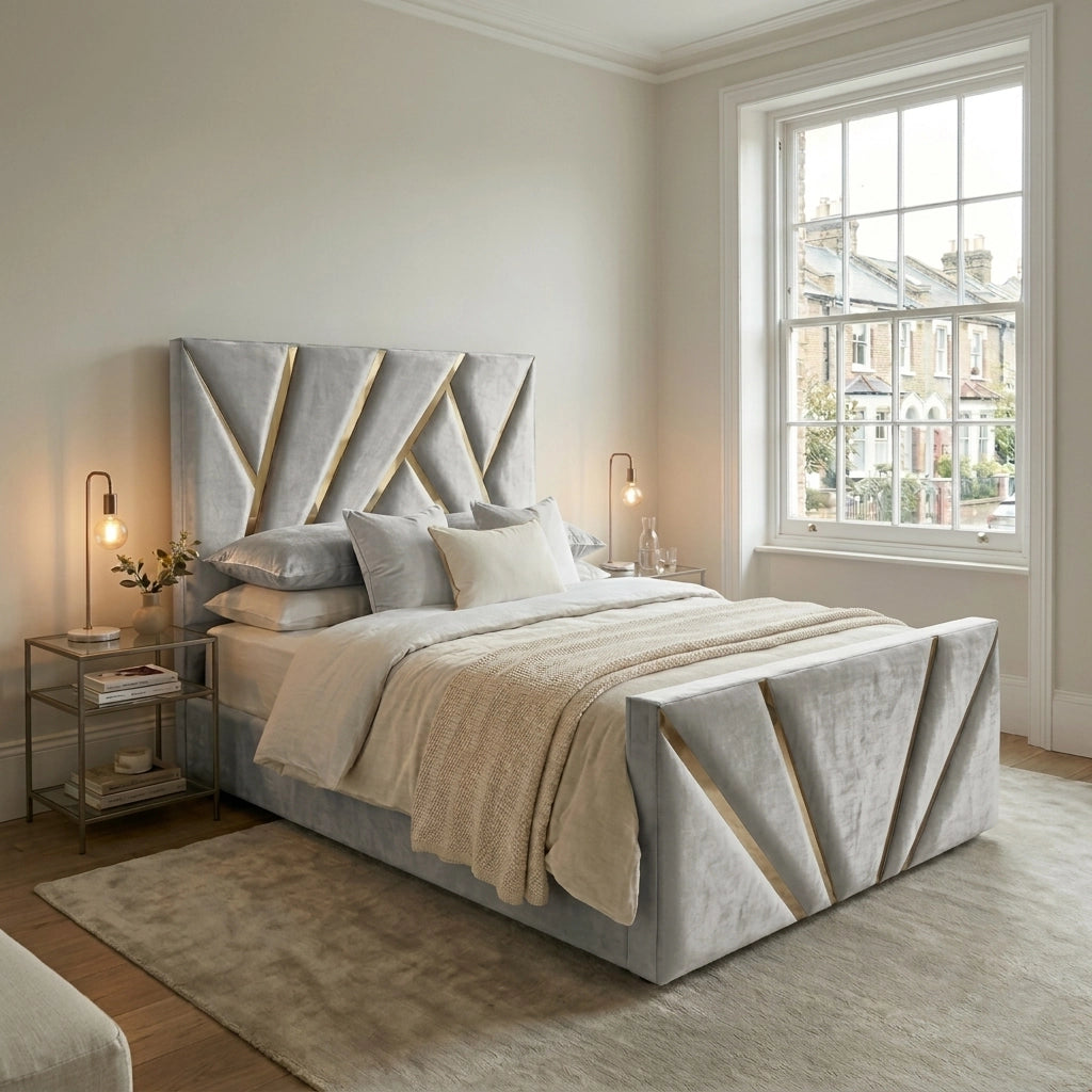 Silver PRISM bed frame with gold strip headboard and matching footboard