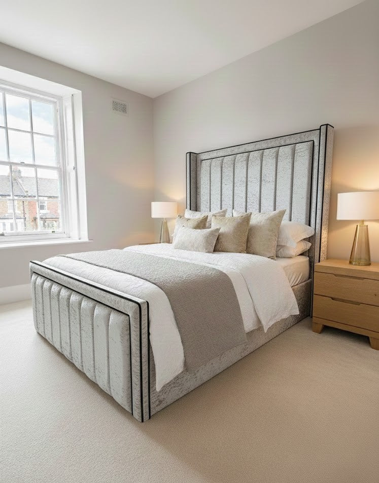 Luxury Bed Plush Fabric Divan Ottoman - 70" thick wing iris princess piping with headboard and footboard