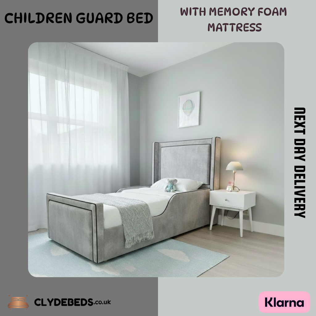 Plush Velvet Children’s Bed with Safety Guard Rail With Memory Foam Mattress | 54" Thick Wing with Pipping Headboard - All Sizes & Colors - Next Day Delivery