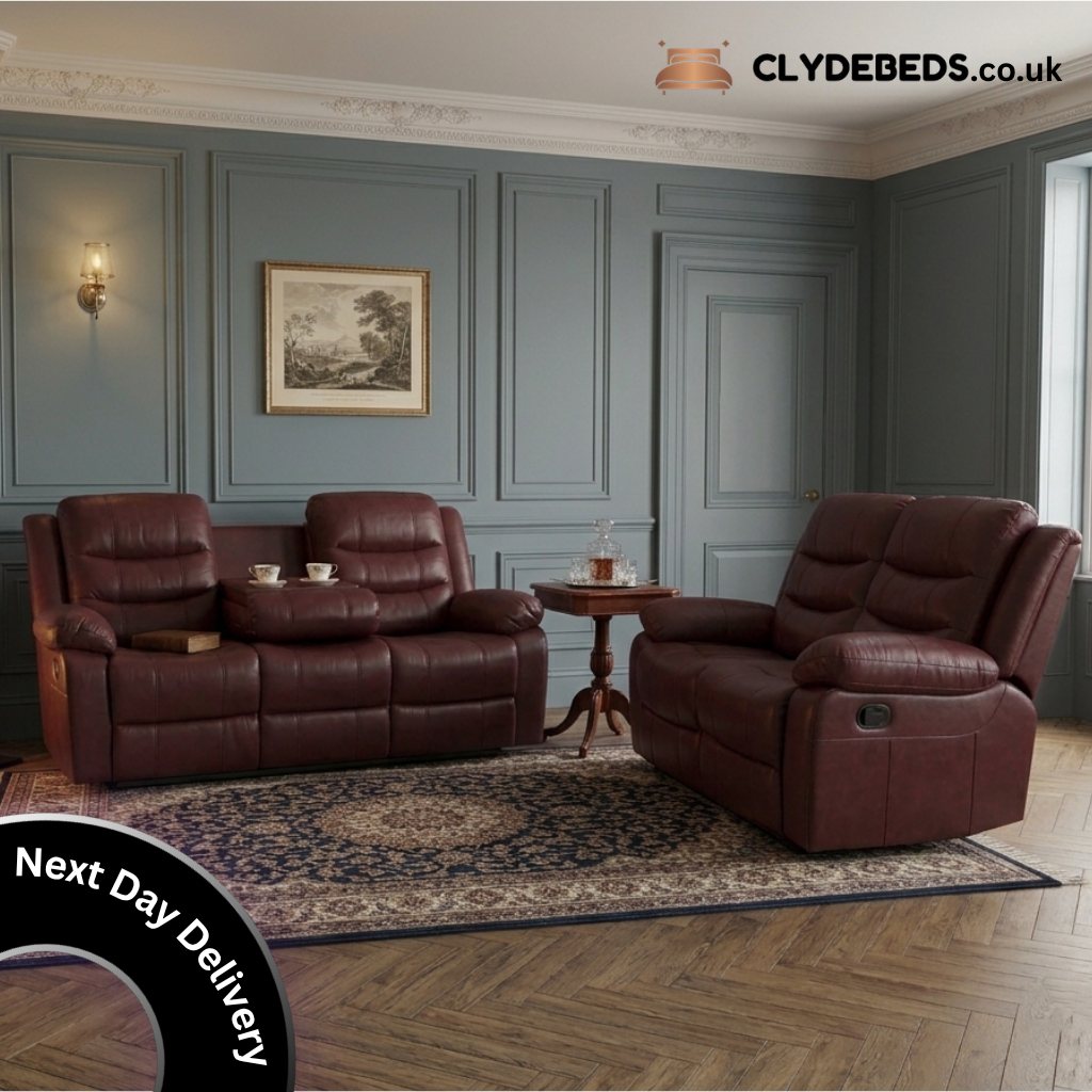 Premium Maroon Leather Reclining Living Room Sofa Set 3+2 Seater