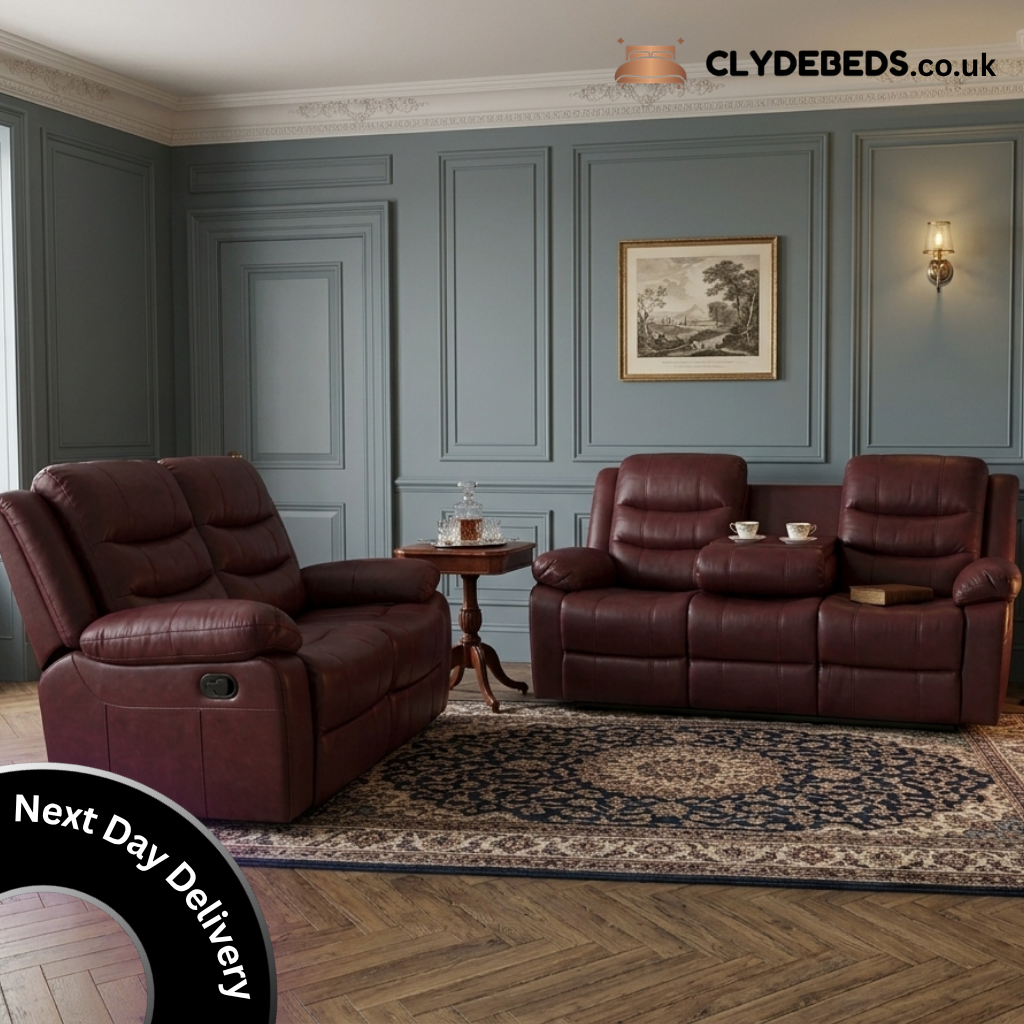 Premium Maroon Leather Reclining Living Room Sofa Set 3+2 Seater