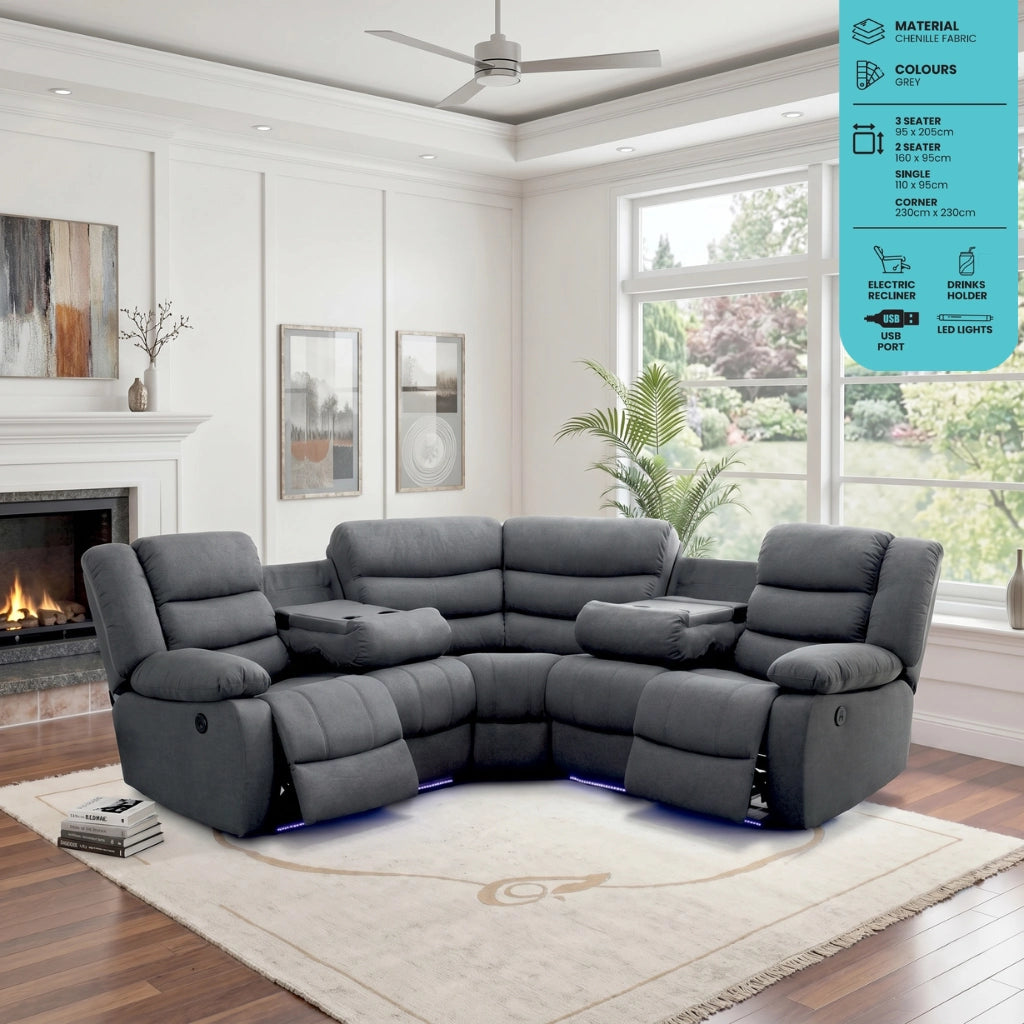 Sorrento grey chenille corner electric recliner sofa
