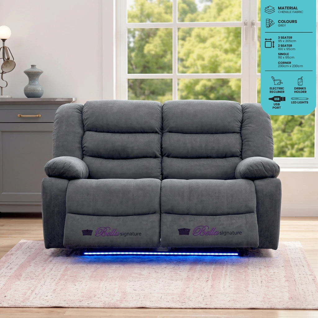 Sorrento grey chenille 2 seater electric recliner sofa