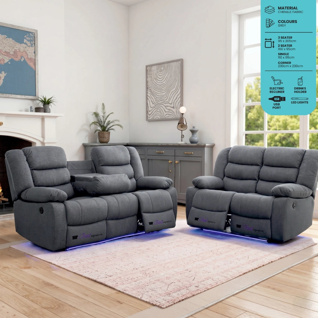 Sorrento grey chenille electric recliner 3 and 2 sofa set