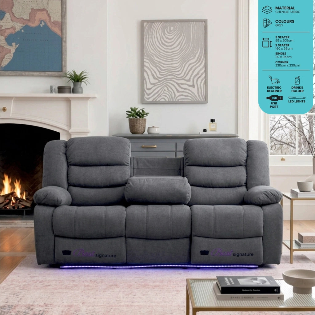 Sorrento grey chenille 3 seater electric recliner sofa
