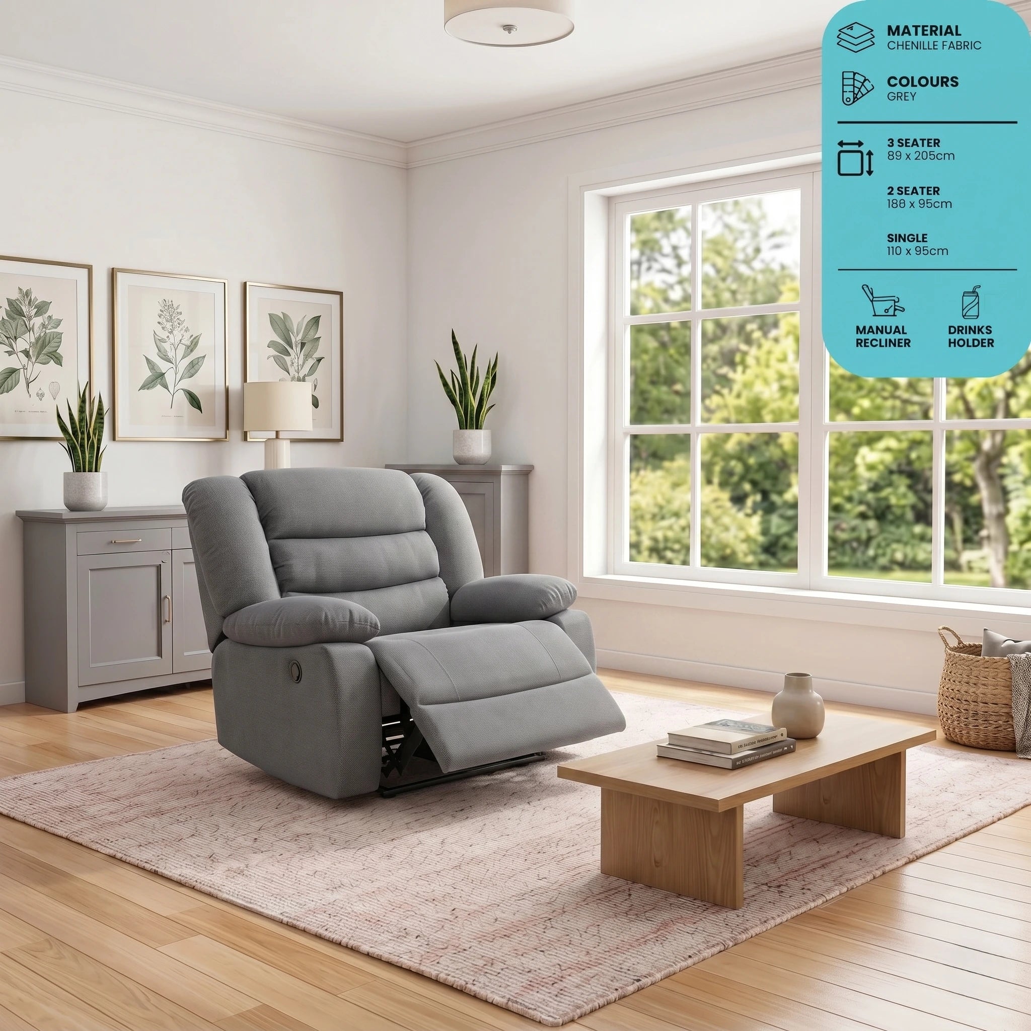 Sorrento grey chenille single manual recliner chair