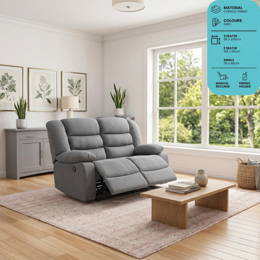 Sorrento grey chenille 2 seater manual recliner sofa