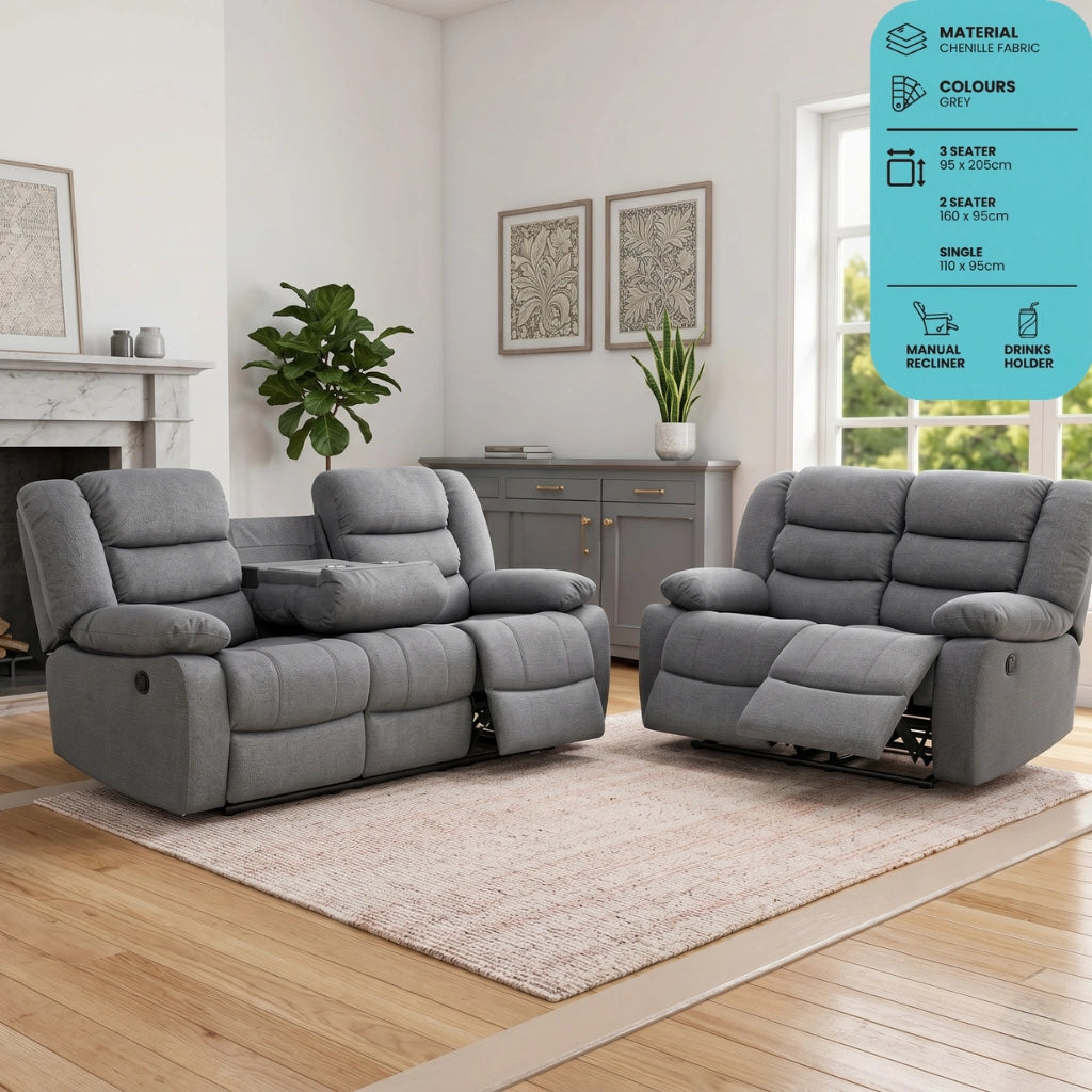 Sorrento grey chenille manual recliner 3 and 2 sofa set