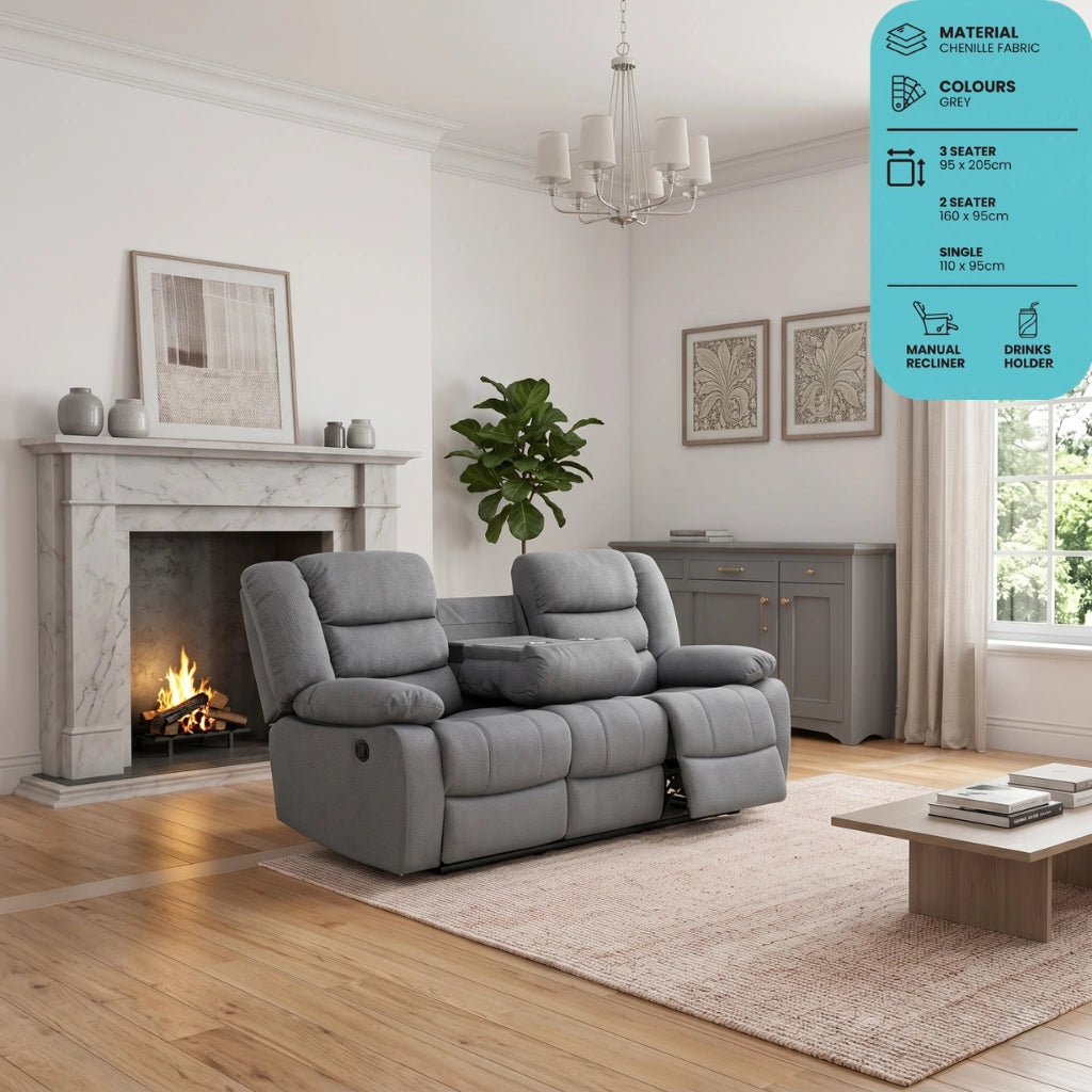 Sorrento grey chenille 3 seater manual recliner sofa