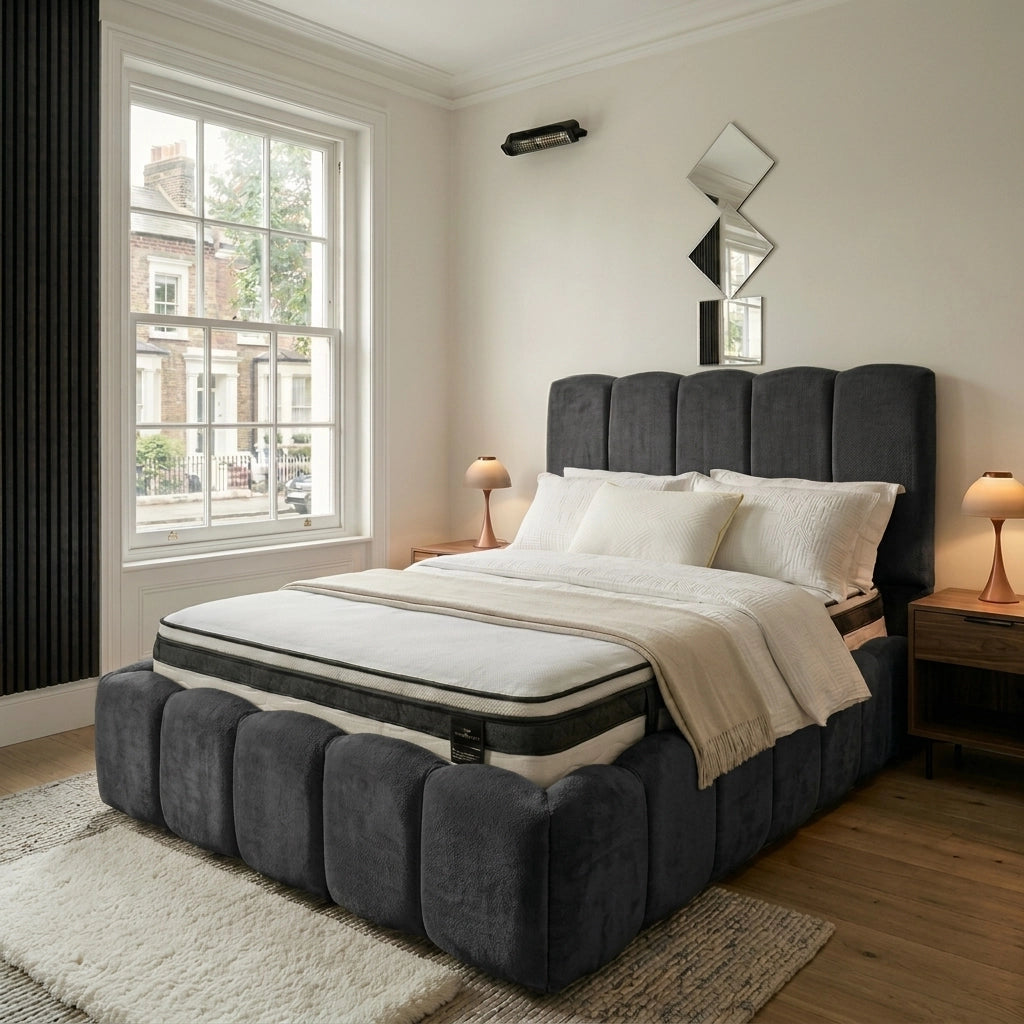 Steel bubble bed frame with padded headboard and footboard