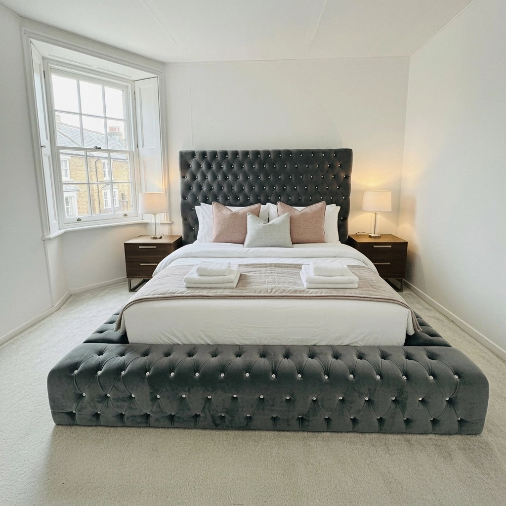 Steel grey Ambassador bed frame with full Chesterfield headboard
