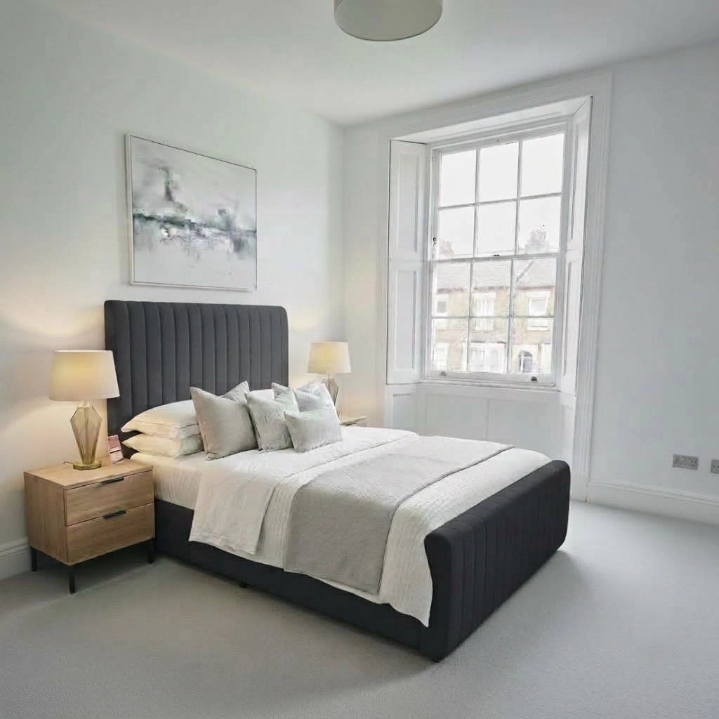 Steel grey extra padding bed frame with Roslin mattress and 54 inch headboard