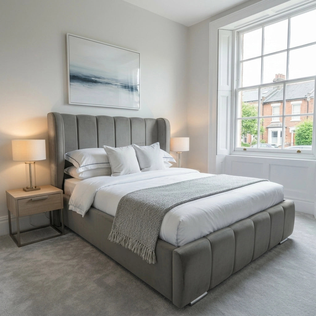 Steel grey Valencia bed frame with 54 inch thick wing headboard