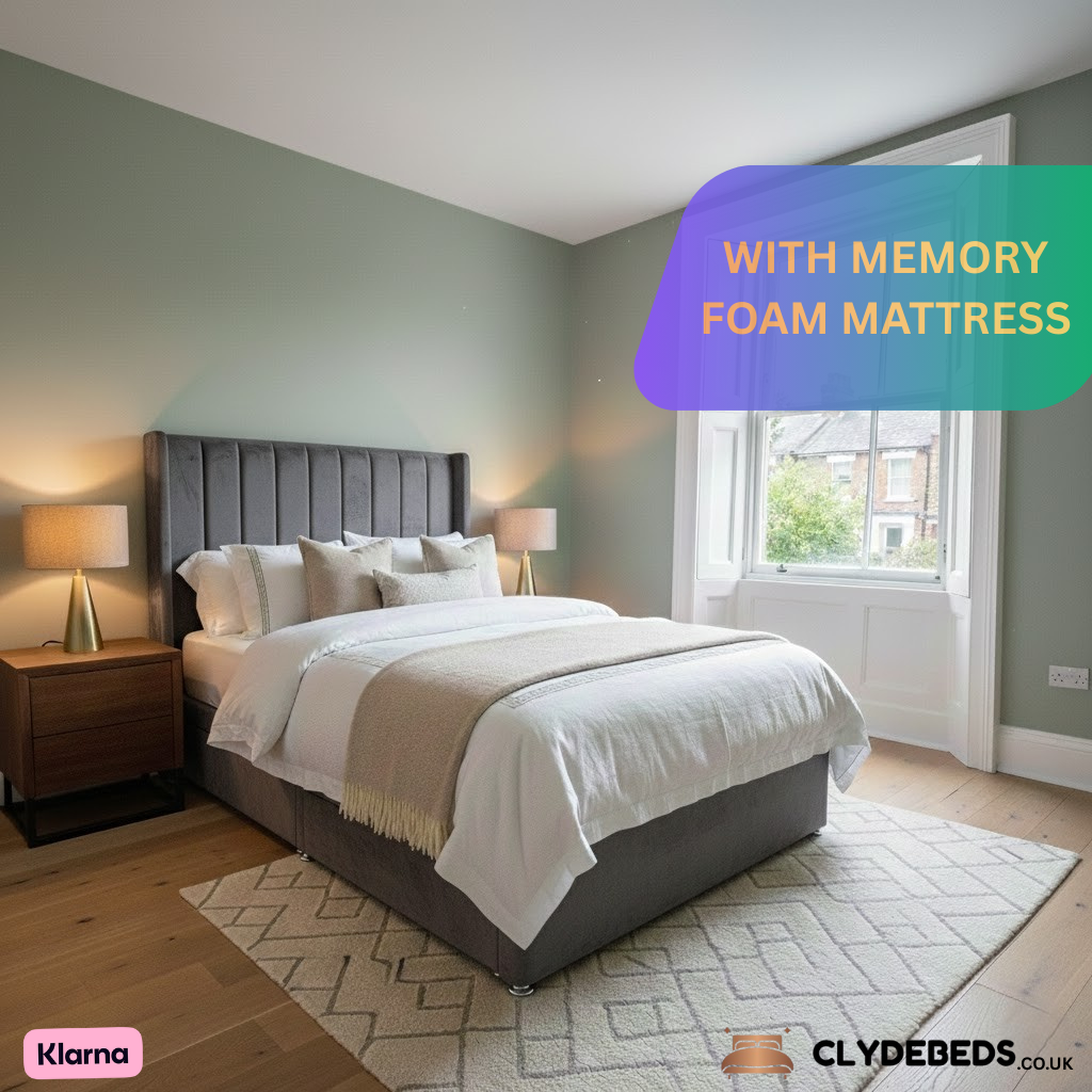 Divan Bed Alpha Wing Line with Memory Foam Mattress - 54" Luxury Winged Headboard, Premium Support & Comfort